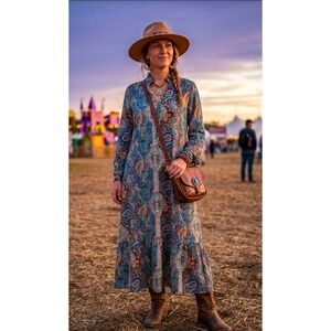 Miss Kelly 1999 Womens Blue Paisley Floral Tiered Maxi Dress Boho Festival Small